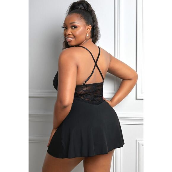 Womens Lace Chemise Slip Nightie Black Sheer Lingerie Vneck GString Panty Set 5X - Picture 2 of 5